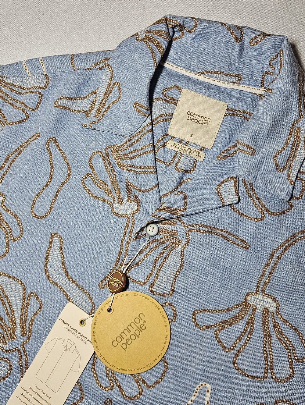 Common People Luxury Linen Blend Shirt Light Blue Brown Pattern Size S NWT